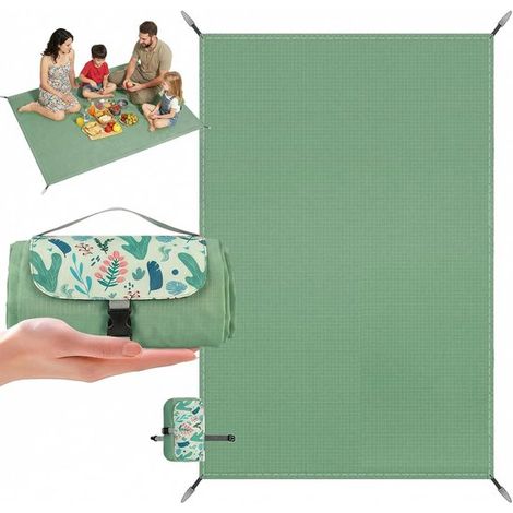 Manta de picnic, 150x210 cm, Alfombra de playa, Impermeable y resistente a la arena, Con esquinas y estacas resistentes al viento, Ligera, Verde (1/5)