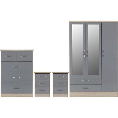 Nevada 3 Door 2 Drawer Mirrored Wardrobe Bedroom Set - Grey Gloss/Light Oak Effect Veneer (1/5)