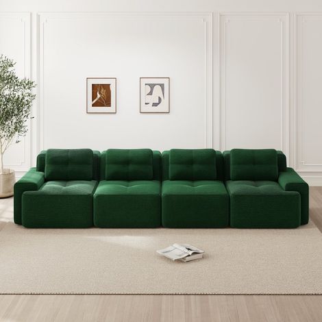 Modulares 4-Sitzer-Sofa 382 x 104 x 69 cm – Großes gerades Sofa aus geripptem Samt ohne Gestell mit tiefer Sitzfläche – Grün (1/5)