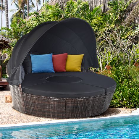Lit de Jardin Rond d'Exterieur Table Relevable Modulable & Convertible - Pare Soleil Réglable rotin PE Coussins Inclus Noir Maison Chic (1/5)