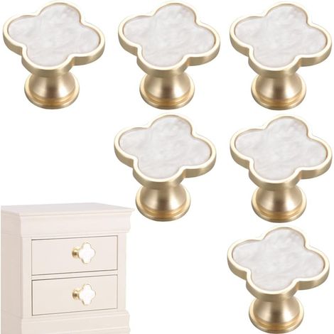 Lot de 6 boutons de porte en forme de trèfle à quatre feuilles, poignées créatives pour tiroirs de placard, couleur or, en alliage de zinc, pour commode ou armoire, poignée de porte à un trou (blanche (1/5)