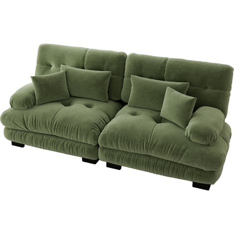 Sofá esquinero modular de chenilla verde con 2 cojines lumbares y 2 decorativos, 220 cm (1/5)