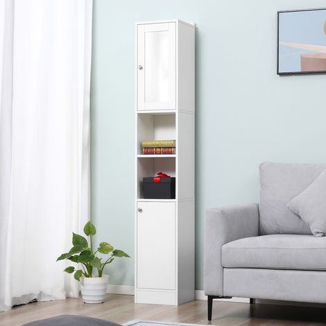 Mobiletto da bagno alto Kleankin con specchio, colonna da bagno in legno con 2 ripiani a giorno, 2 ante e ripiani interni regolabili, 30x28x180 cm, bianco