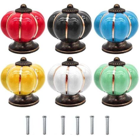 Tiradores de cerámica, 6 piezas, tiradores de cerámica coloridos, tiradores de cerámica retro, tiradores con forma de calabaza, con tornillos, para armarios de cocina, 6 colores - Crezuo (1/4)