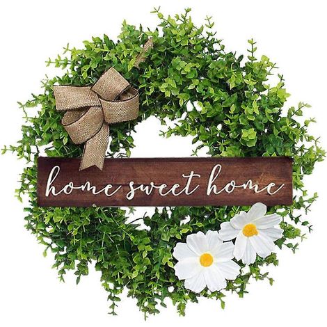 Künstlicher Eukalyptusblätterkranz mit Holzschild „Sweet Home“ (Buchstaben und Schleife) – Hängende Girlande für weihnachtliche, rustikale Dekoration von Haustür und Veranda