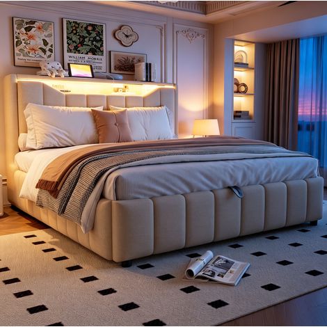Cama con almacenamiento 140x200 cm de tela beige con LED y USB FloraGrace (1/5)