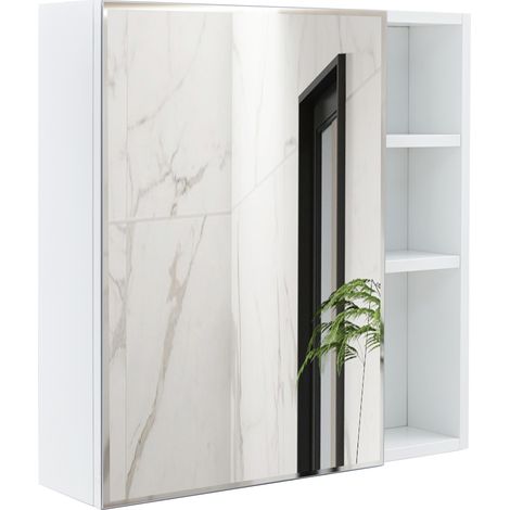 Miroir armoire murale de salle de bain blanc en MDF et verre de sécurité, avec rangements compartimentés et porte miroir pour petits espaces – CHICFURN (1/5)