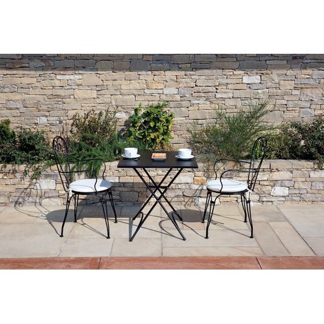 Set pranzo da giardino in ferro con tavolino pieghevole e 2 sedie impilabili con cuscini (1/3)