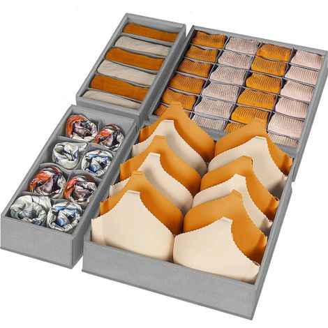 Boîte de rangement pour lingerie comprenant 4 ensembles soutien-gorge et chaussettes, organisateur de tiroir pliable en tissu non tissé, idéale pour la maison. (1/5)