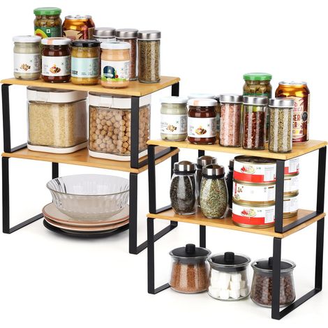 Lot de 2 Organisateur Cuisine Placard en Bambou Naturel - Empilable et Extensible - Organisateur Placard Cuisine, Salle de Bain, Buanderie, Cellier - Multi-Fonctionnel et Étagère à Épices (1/3)