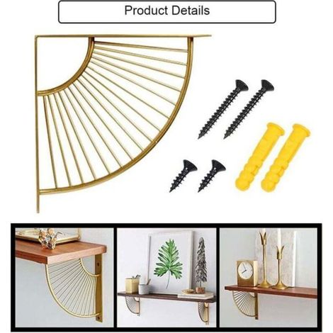 Supports d'étagère d'angle en métal - ZOR - Lot de 2 - Doré - Forme d'éventail - Décoration salon - Installation facile (1/4)