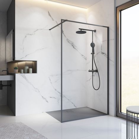 Schulte Walk-In Duschwand Trend 2.0, Mattschwarz, 90 x 200 cm, 6 mm Sicherheitsglas, Offene Duschkabine (1/4)