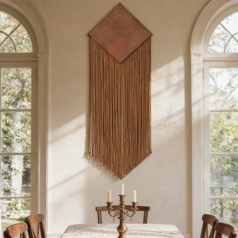 Décoration murale en macramé style bohème chic - Suspension murale verticale à pompons marron - Art mural rustique moderne pour salon - Marron - 88 x 30 cm