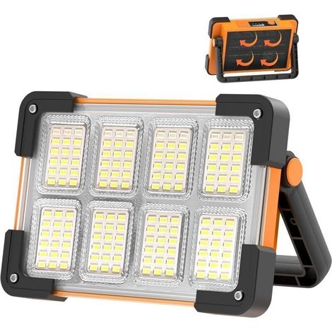 Projecteur LED à batterie, pour chantier, 4 modes, rechargeable solaire/USB, portable, étanche. Pour garage, camping, entretien, urgences.