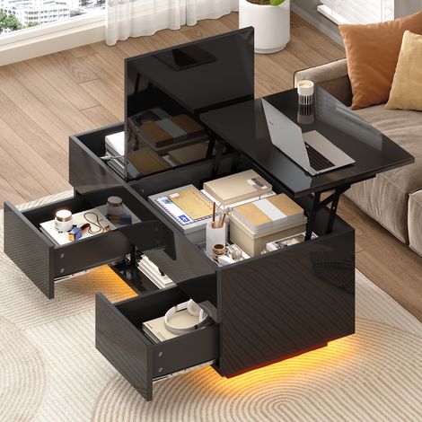 Table basse relevable 100 x 45 x 43 cm avec 2 tiroirs, table d'appoint laquée brillante avec éclairage LED, table console, table basse, table de salon avec rangement dissimulé, noir, panneaux de parti (1/5)