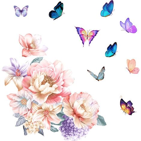 BEBUSINGOTO 1 Set große Blumen-Schmetterlings-Wandaufkleber, bunte rosa Pfingstrosen-Schmetterlings-Wandaufkleber, abnehmbare Wandaufkleber für Schlafzimmer, Wohnzimmer (1/5)