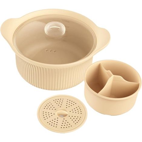 Vaporiera per verdure  con pentola a scomparto con manico - grande ciotola in silicone per cottura a vapore, adatta al microonde, per zuppe, pesce, forno, friggitrice ad aria, casa, appartamento, cuci (1/5)