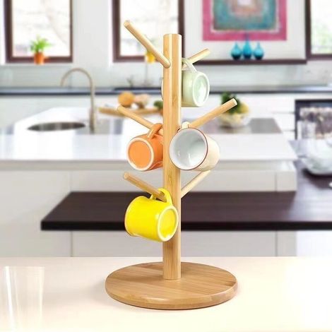 Portabicchieri in legno, portabicchieri, portabicchieri da caffè, portapretzel, portabicchieri con 6 ganci per piano di lavoro della cucina (rotondo) (1/4)