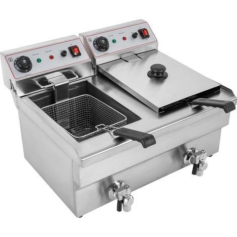 Friteuse, puissance de 6000W, capacité de 10L x 2, thermostat automatique, robinet de vidange inclus, forme rectangulaire (1/5)