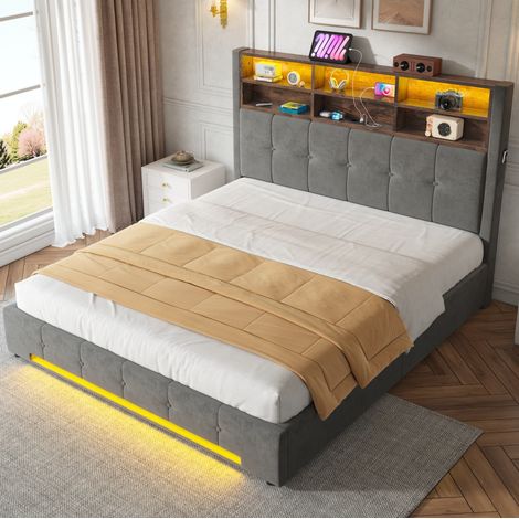 Lit coffre 160x200 en métal gris foncé avec tête de lit rangement, USB-C et LED (1/5)