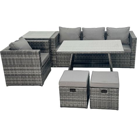 Fimous Rattan Dining Table Sofa Armchair Set with Side Table Small Footstool Outdoor Garden Furniture Set Dark Grey Mixed (1/5)