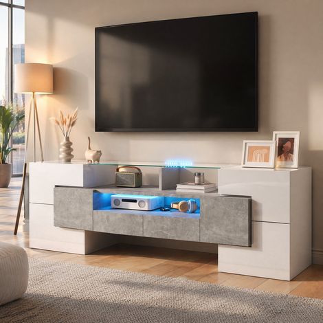 Mueble TV 170x35x55 cm blanco y dorado con 4 puertas de vidrio y cables (1/5)