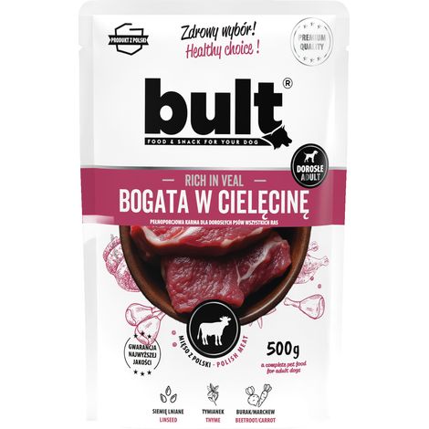Alimento húmedo para perros BULT, ternera, sobre de 500 g, completo.