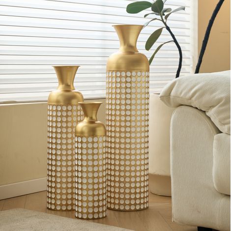 Vaso da pavimento decorativo in metallo, set 3, dorato con pois bianchi, 83/66/50 cm DESVIAE (1/5)