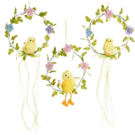 Couronnes décoratives de Pâques avec poussins, fleurs et rubans à suspendre, lot de 6, diam. 16 cm
