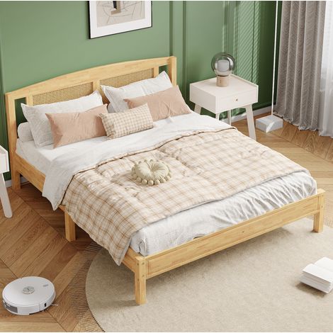 Doppelbett 160x200 cm Natur Holz mit PE-Rattan und 15 Latten sowie Mittelfüßen (1/5)