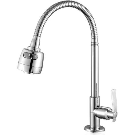 Robinet chromé d'évier de cuisine rotatif à 360 ° avec tuyau à ressort Robinet d'eau froide simple à ouverture rapide en mousse (1/5)