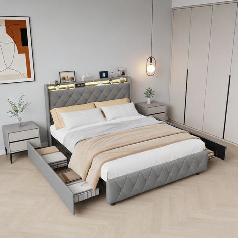 Lit 160x200 avec 4 tiroirs, lit double capitonné 160x200 avec sommier, éclairage LED, ports USB et Type-C, tissu en velours, gris (1/5)