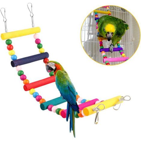 Perchoir - Plateforme - Échelle - Hamac - Pour Oiseaux - En Bois Naturel - Pour Petits Oiseaux Et Perroquets - Lot De 4 (1/3)