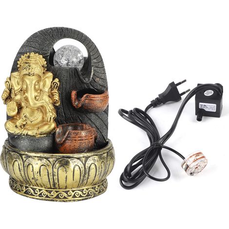 Statue Ganesh fontaine bureau – eau courante + lumière – pendaison crémaillère – prise EU 220-240V
