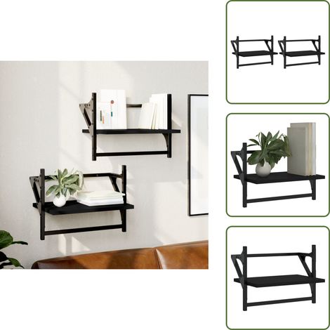 The Living Store Wandregale mit Stangen 2 Stk. Schwarz 40x25x30 cm - Wandregal - Schwarzes Wandregal - Regal Schwarz - Holzwerkstoff Regal - Metall Regal (1/5)