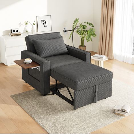 Fauteuil convertible 93x150x85 cm gris en velours côtelé avec USB, Type-C, support téléphone et tablette (1/5)