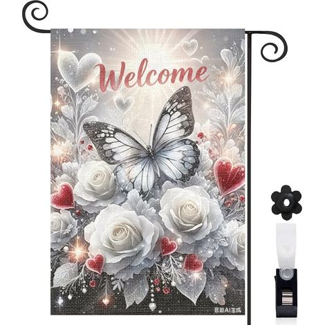 Drapeau de jardin floral bienvenue 30 x 45 cm motif papillon et roses toile double face résistante aux intempéries (1/5)