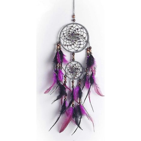 Attrape-rêves violet en perles de bois, fait main, style indien, avec plumes, à suspendre au mur (1/5)