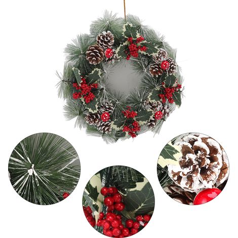 Décorations de Noël, couronne de pommes de pin, couronne de boules rouges, couronne d'aiguilles de pin haut de gamme, couronne ornementale, nouveau style B. (1/5)