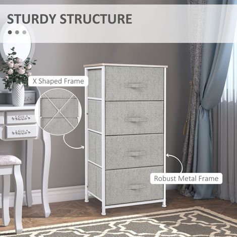 Tour de rangement en lin blanc avec 4 tiroirs amovibles, structure en métal et pieds réglables, idéale pour le salon, la cuisine et la salle de bain. (1/5)