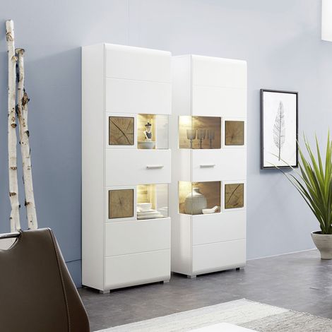 Vitrine Set weiß FARO-36 mit Applikationen in Eiche Hirnholz Nb. und LED Beleuchtung, B/H/T, ca.: 145/205/37 cm (1/5)