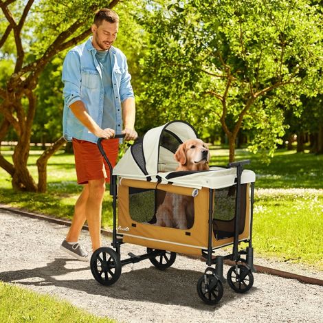 Poussette pliable pour chiens et chats jusqu'à 30 kg, 110 x 65 x 102 cm, marron – facile à transporter, avec filet respirant et frein sécurité