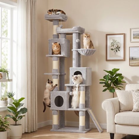 Árbol rascador grande para gatos, 200 cm de altura, con 2 camas, 3 cuevas, hamaca y 3 bolas para 1-3 gatos de menos de 6 kg, color gris claro. (1/5)