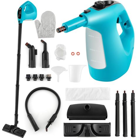COSTWAY 1500W Pulitore a Vapore Portatile, Macchina a Vapore con Serbatoio d'Acqua da 400 ml Blocco per Bambini e Kit di Accessori da 14 Pezzi, 33x13x24,5 cm (Blu)