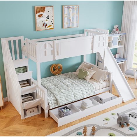 DESVIAE Lit superposé enfant avec fenêtres toboggan escalier de rangement tiroir sur roulettes bois MDF blanc 90 x 200 120 x 200 (1/5)