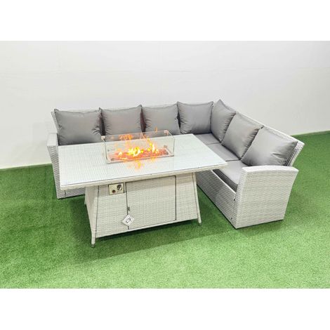 Fimous 6 Seat Rattan Garden Furniture Corner Sofa Set Outdoor Gas Fire Pit Table Set Light Grey (1/4)