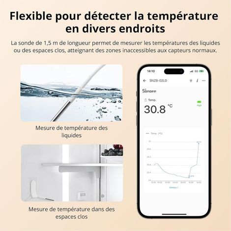 SNZB-02LD Capteur de température étanche Zigbee avec sonde en acier inoxydable de 1,5 m, écran LCD, plage -40115°C, surveillance via APP, support magnétique, fonctionne avec hub Zigbee