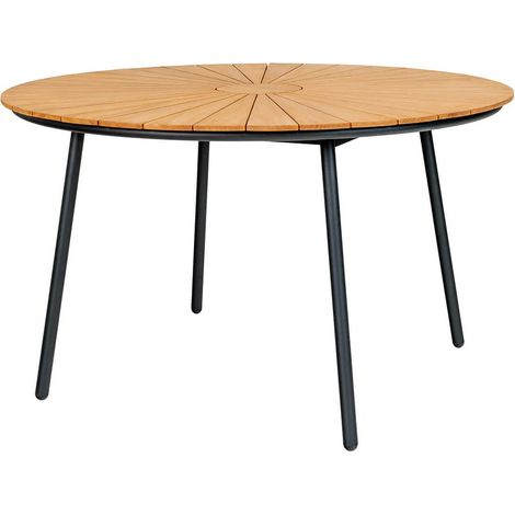 Table de jardin ronde 130cm plateau en lames de teck et pieds métal noir - KARRIGE