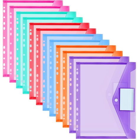 Confezione da 60 buste in plastica espandibili a 11 fori, formato A4 con tasca a bottone per etichetta, per scuola, casa, ufficio (sottili)