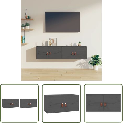 The Living Store Wandschränke 2 Stk. Grau 60x30x30 cm Massivholz Kiefer - Holzregal - Wandregal - Regal Grau - Massivholzmöbel - Kiefernholz Möbel